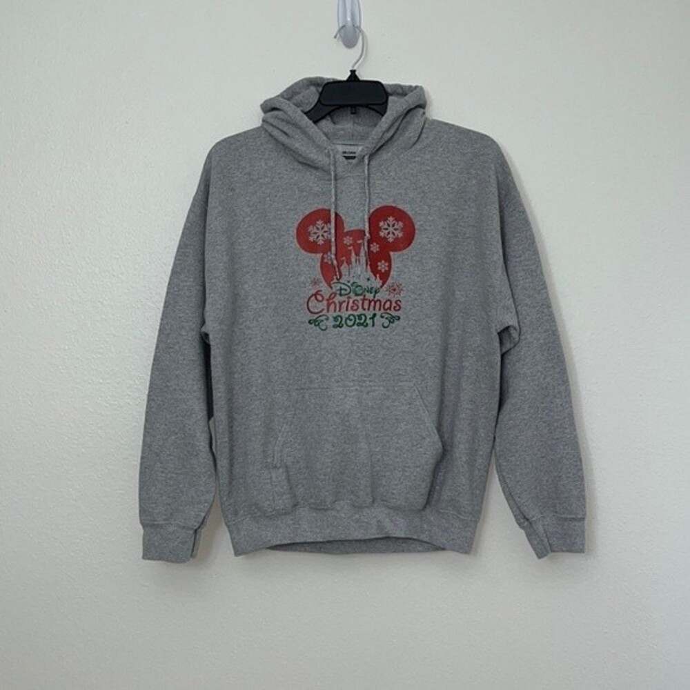 Womans Gildan Grey Holiday Christmas Mickey Disney Castle themed Hoodie Large